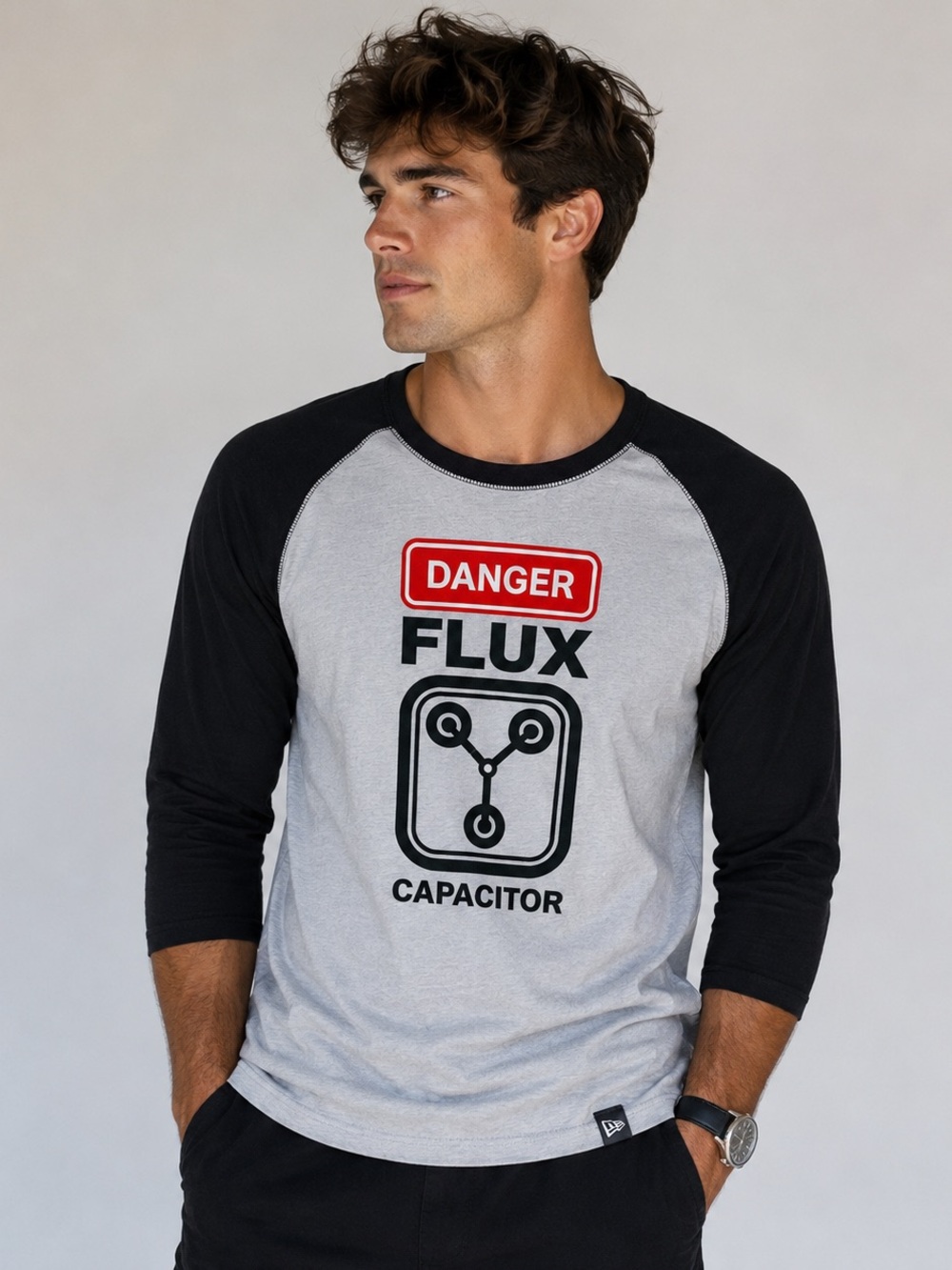 New Era Back to the Future Flux Capacitor Baseball Tee Shirt Gray Black L.